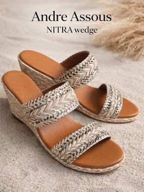 Andre Assous NITRA Wedge Sandals Metallic Braided Slides | size 10